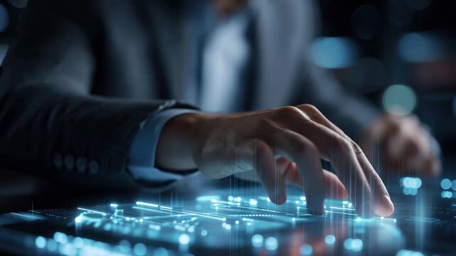 Digitization process in business with hands interacting with virtual interfaces showcasing digital transformation efforts