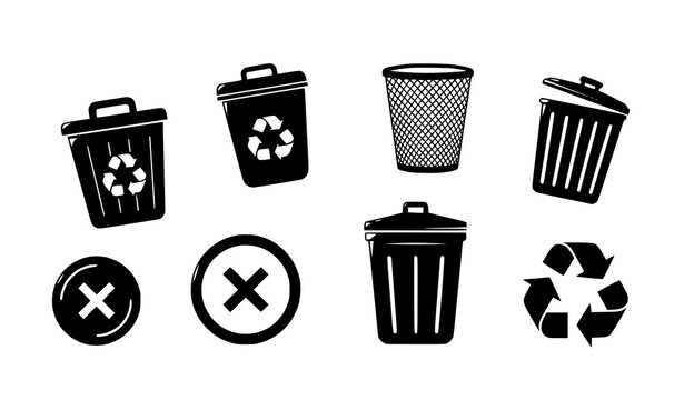 Arc trash bin icon set with delete symbol and recycle waste container icons