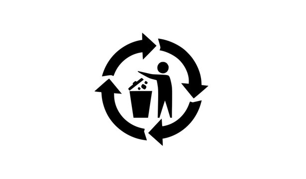 Circular recycle sign with man throwing trash into bin vector icon
