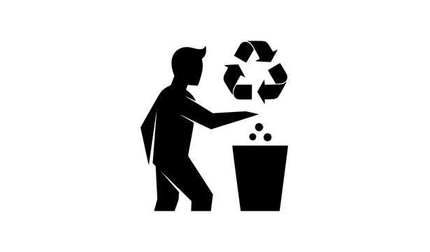 Recycle symbol with man throwing trash into dust bin environmental vector icon