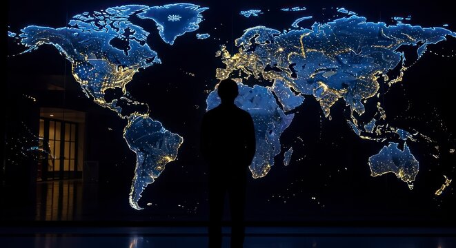 Lone Silhouette Contemplates a Vast, Luminous World Map of Global Connectivity.