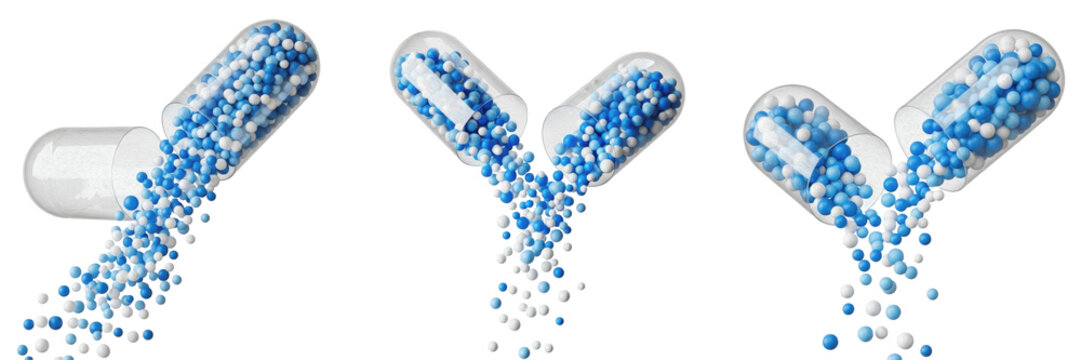 Open medical capsules with blue and white granules falling out on a white background, concept of healthcare, pharmacy and medicine.