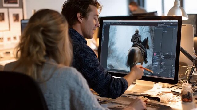 Designers create realistic artwork in a collaborative workspace, focusing on immersive scenes inspired by medieval themes and fantasy narratives during daylight hours