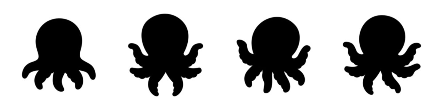 Set of black octopus silhouettes in various poses. Flat vector sea animal icons, perfect for marine, kids, or minimal design themes.