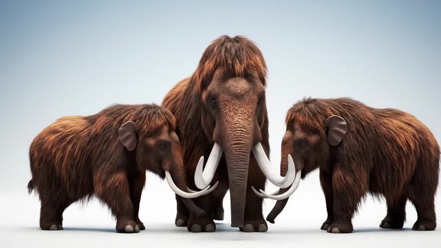 Three Woolly Mammoths Walking Together in a Line, Prehistoric Animals