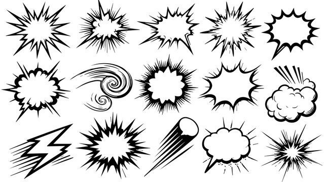 Set of 18 comic speech bubbles and explosion starburst shapes with lightning, swirl and cloud elements, black outline pop art vector collection isolated