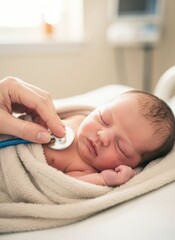 Close up side view of newborn chest wrapped in beige blanket with stethoscope on skin, female doctor hands gently holding instrument, baby sleeping. AI generative