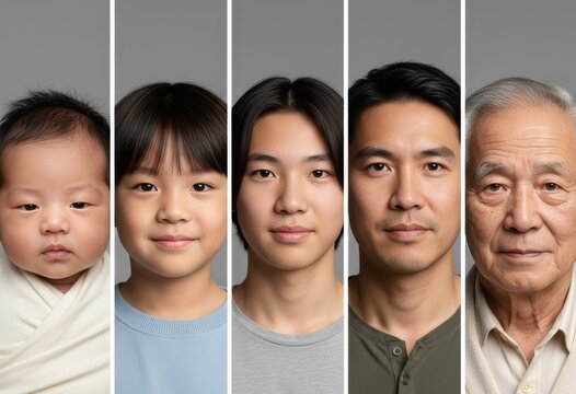 Male ages. Photo collage of same Asian man at five life stages from infant to elderly, vertical studio portraits. AI generative