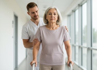 Fototapeta premium Young physiotherapist supports elderly woman with walker in a bright hallway of a rehabilitation center. AI generative