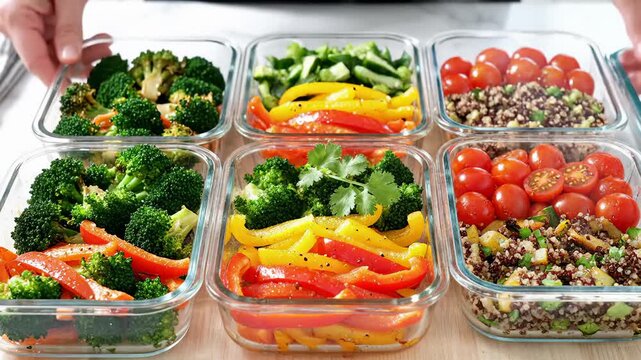 Healthy Meal Prep With Fresh Vegetables and Quinoa in Glass Containers