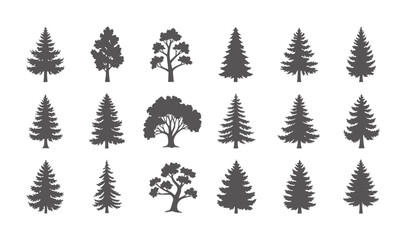 Fototapeta premium Collection of dark grey tree silhouettes white pine deciduous