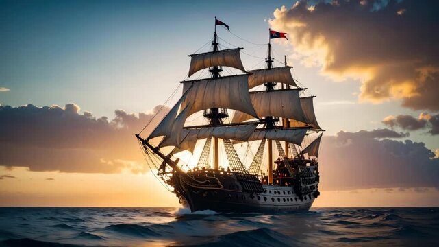 Majestic wooden sailing ship navigating rough ocean waves under a dramatic golden sunset sky