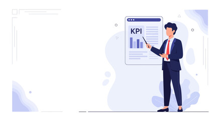Obraz premium Businessman presenting KPI dashboard with charts and graphs, business analytics concept