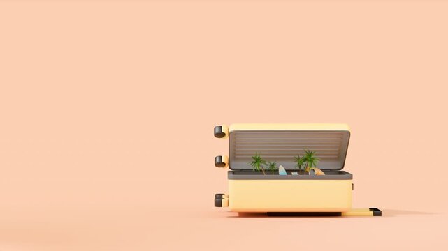 3D animation of travel suitcase resembles an oasis, filled with palm trees and beach essentials, symbolizing a fun road trip and a summer destination. Blank space for design