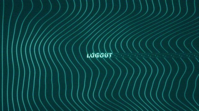 Animated cyber interface concept featuring glitching Logout text over a dark blue background with flowing neon wave lines and subtle digital distortion.