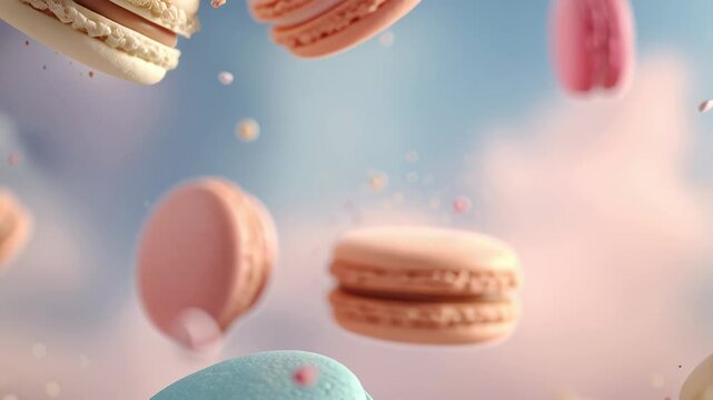 Assortment of Colorful French Macarons Floating on Pastel Background with Sparkling Sugar