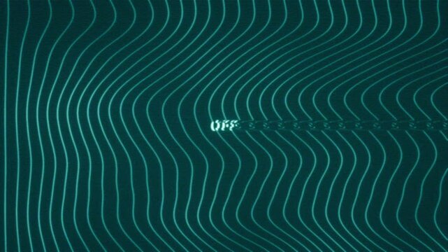 Animated status concept featuring glitching Off text over a dark blue background with flowing neon wave lines and subtle digital distortion.