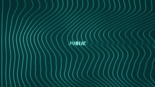 Animated visibility concept featuring glitching Public text over a dark blue background with flowing neon wave lines and subtle digital distortion.