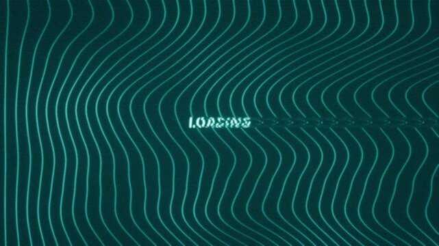 Animated technology concept featuring glitching Loading text over a dark blue background with flowing neon wave lines and digital distortion.