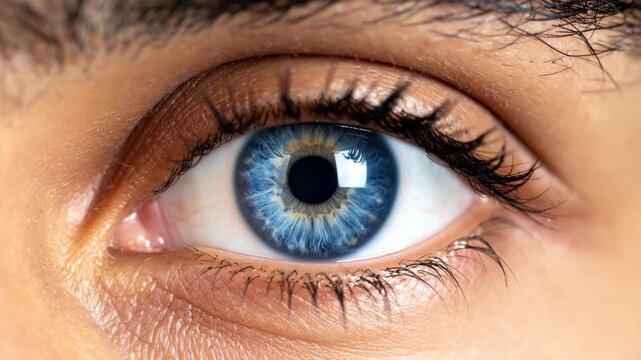 Extreme macro photography of a striking blue human eye with detailed iris patterns and dark eyelashes