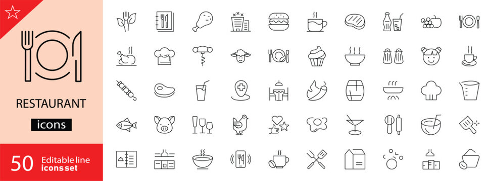 Restaurant icons set. Includes symbols of dining, food, beverages, menu, cutlery, chef, and hospitality. Editable stroke. Vector illustration. Outline icons. Perfect for food, and dining. 