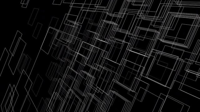 Animated geometric square mesh forming parametric 3D wireframe structure. Suitable for technology visuals, science graphics, engineering concepts and data visualization.