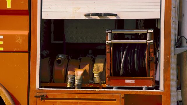 Firefighters' equipment in a truck for drill
