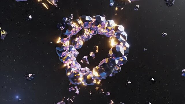 Abstract 3D rendering of floating geometric shapes in space.
