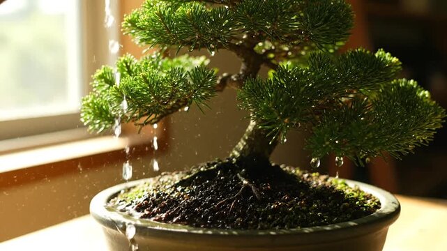 Serene bonsai tree with water droplets in natural sunlight