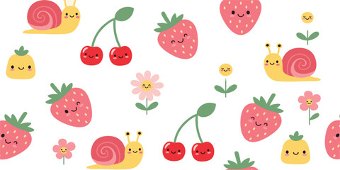 Cute Kawaii Fruit and Snail Seamless Pattern with Strawberry Cherry Pineapple Flowers and Smiling Characters, Fun Kids Background Vector Illustration © Nazrul