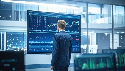 Fototapeta premium Businessman Analyzing Stock Market Data on Large Screen in Modern Office.