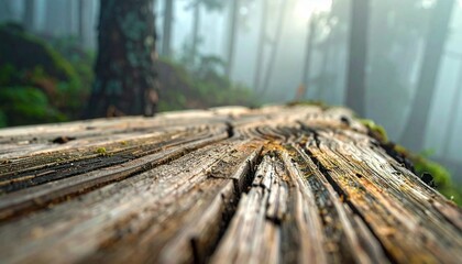 Fototapeta premium Close-up of weathered log in a misty forest with sunlight filtering through trees.