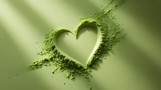 Matcha Heart: A delicate heart shape is carved into a bed of vibrant matcha powder, illuminated by soft shadows, symbolizing love, health, and a mindful approach to wellness.