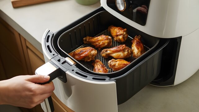 Crispy Delights: A close-up shot captures the inviting sight of perfectly cooked wings in an air fryer, with a hand holding the tray. The image evokes the satisfying experience of homemade meals.