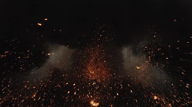 Dramatic explosion in a confined space with smoke and debris.