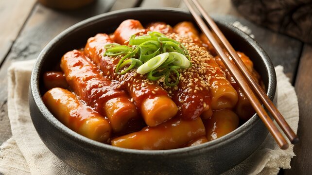 Delectable Tteokbokki: A vibrant close-up captures the irresistible allure of tteokbokki, a beloved Korean street food. bathed in a rich, spicy sauce and artfully garnished.