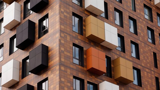 Architectural Rhapsody: A modern building with a unique facade of brown and colorful cuboid modules, presenting a compelling symphony of geometry and texture.