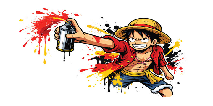 Anime Style Pirate Boy Action Illustration with Straw Hat, Extended Punch Pose and Colorful Paint Splash Background
