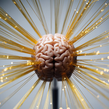 Brain model with glowing strands and light effects in modern art display at a science exhibition