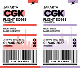 CGK, Jakarta, Indonesia luggage label, boarding pass template. Vector minimalist illustration with airport code, city destination, flight info. Flat, modern image layout