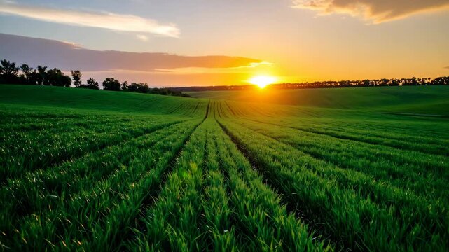 Green agricultural field with young crops growing in rows under a beautiful golden sunset sky