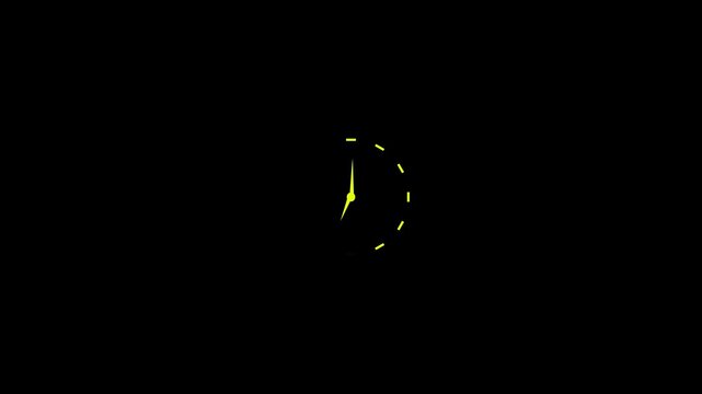 Neon yellow clock face with dashed markers and abstract hands on black background Keywords: clock, time, abstract, neon, yellow, digital, graphic, design, minimalist, modern, concept, countdown