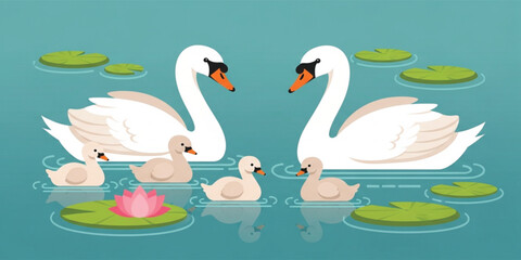 Obraz premium Cute Swan Family Swimming on Lake with Cygnets and Lotus Flower Cartoon Illustration in Peaceful Nature Pond Scene