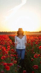 Fototapeta premium Woman in hat walking through a vibrant red poppy field at sunset.