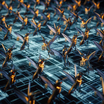 Robotic insects gather on a digital surface during a tech showcase in a modern city setting