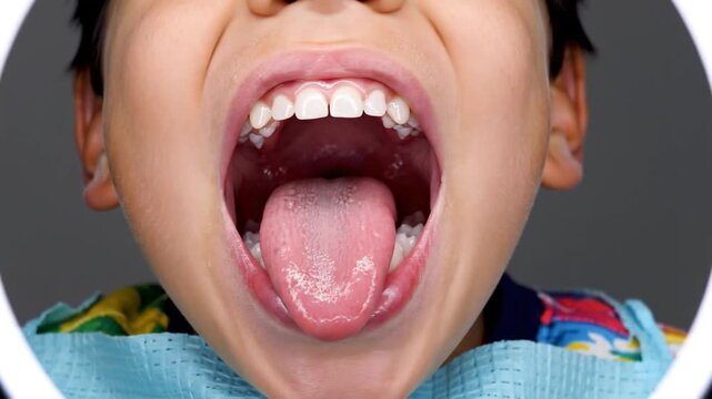 Close-up of a child's open mouth with tongue out, showing healthy teeth and gums.