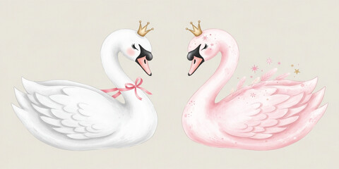 Cute Royal Swan Couple with Crowns Romantic Love Illustration Featuring White and Pink Swans with Elegant Feathers