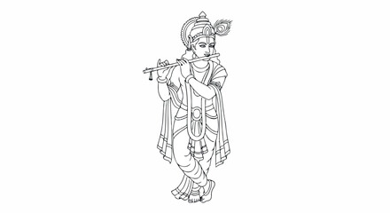 Obraz premium Line drawing of a Hindu deity playing a flute in traditional attire with a serene expression on a white background.