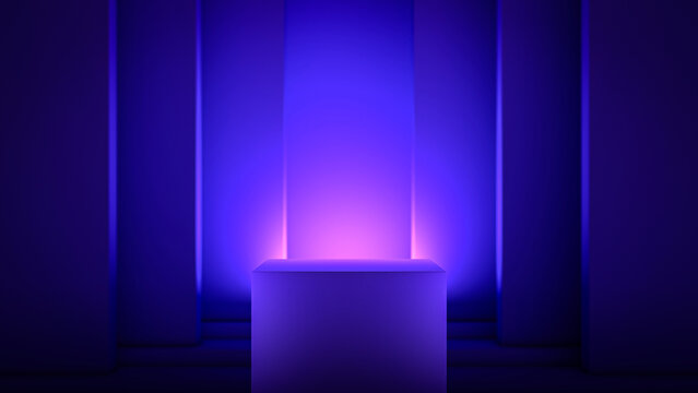 Modern 3D Minimalist Pedestal Stage Mockup with Vibrant Purple Neon Lighting for Product Presentation and Tech Showcases