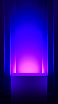 Modern 3D Minimalist Pedestal Stage Mockup with Vibrant Purple Neon Lighting for Product Presentation and Tech Showcases